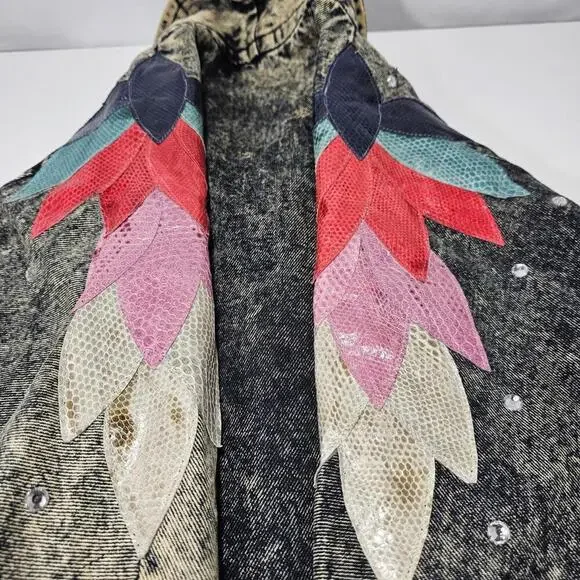 Diamonds Leather Acid Wash Embellished Denim Jean Jacket 1980s USA Size Medium - Picture 11 of 15